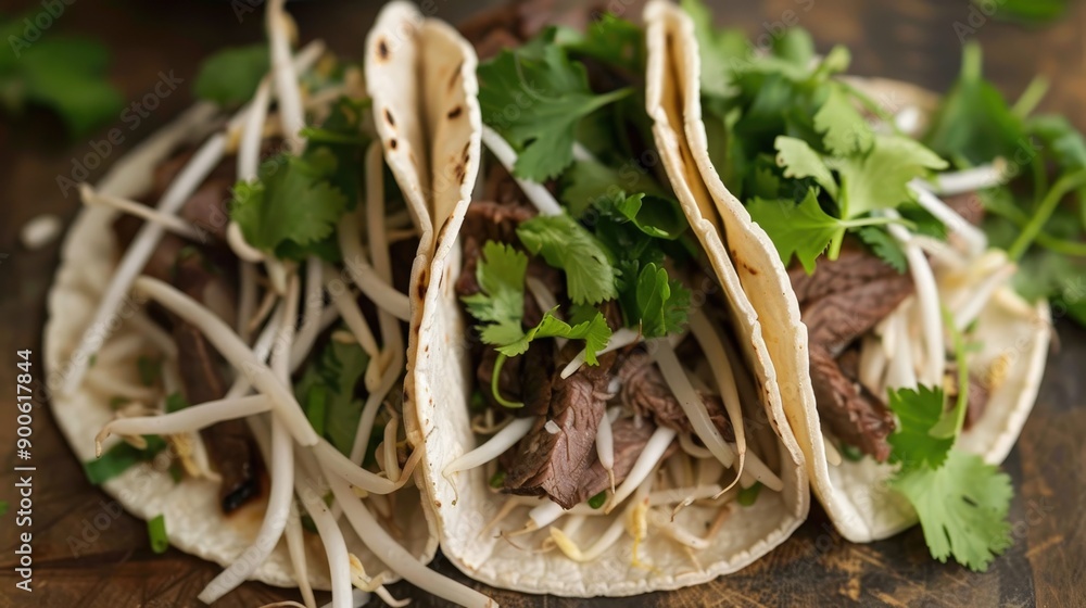 Tacos filled with tender pho beef and topped with fresh cilantro and bean sprouts create a delicious fusion dish in a homely kitchen setting Tacos filled with tender pho beef and topped with fresh cilantro and bean sprouts create a delicious fusion dish in a homely kitchen setting