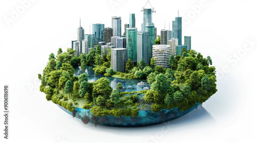 A futuristic cityscape with skyscrapers surrounded by lush green trees and water, symbolizing a harmonious blend of nature and urban living. photo