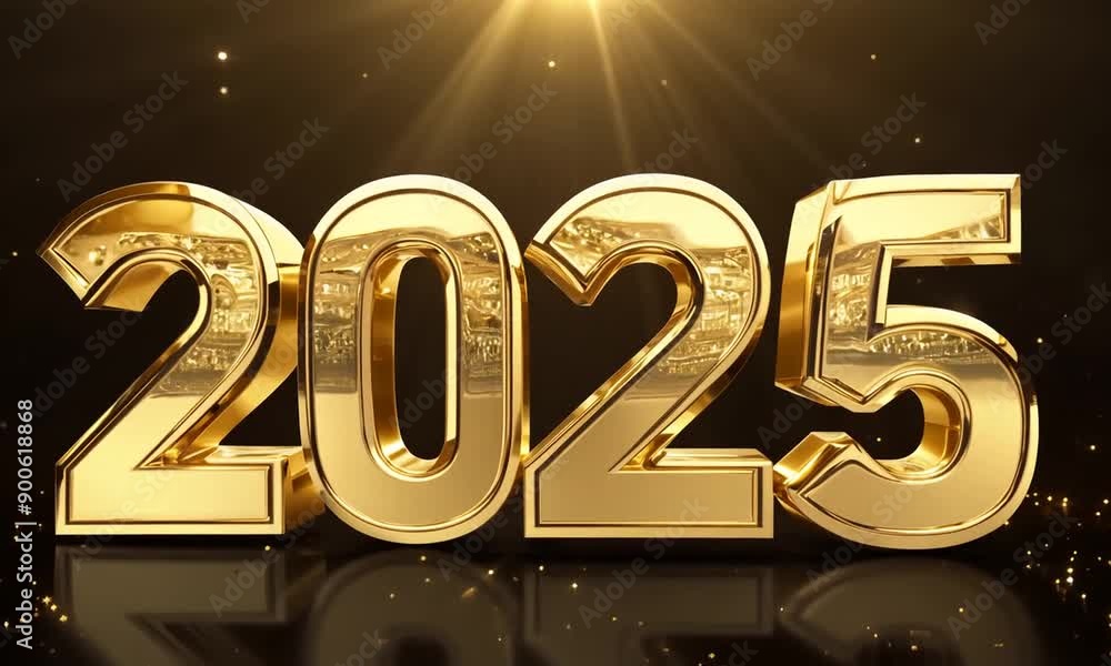 Golden Gleam of 2025: A radiant 3D rendering of the year 2025, crafted in gleaming gold and showered with sparkling confetti on a luxurious black backdrop. Ideal for New Year's celebrations, futuristi Golden Gleam of 2025: A radiant 3D rendering of the year 2025, crafted in gleaming gold and showered with sparkling confetti on a luxurious black backdrop. Ideal for New Year's celebrations, futuristi