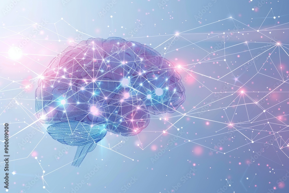Glowing digital brain with neural connections on light gradient background Glowing digital brain with neural connections on light gradient background
