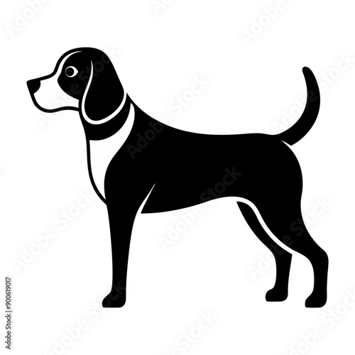 A black and white drawing of a beagle dog on white background