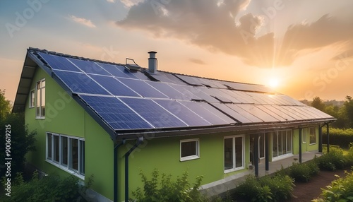 Wallpaper Mural Panel solar energy photovoltaic power roof sun home cell system green house eco industry. Solar energy building panel future electric engineer technology ecology sunset nature station sky light work  Torontodigital.ca