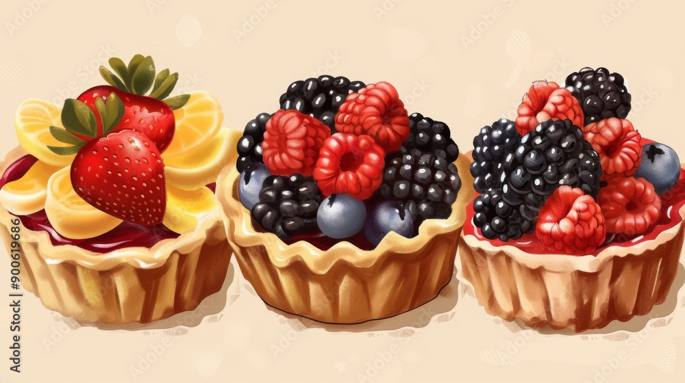 A Delicious Assortment of Fruit Tarts. High Detailed Culinary Delights A Delicious Assortment of Fruit Tarts. High Detailed Culinary Delights