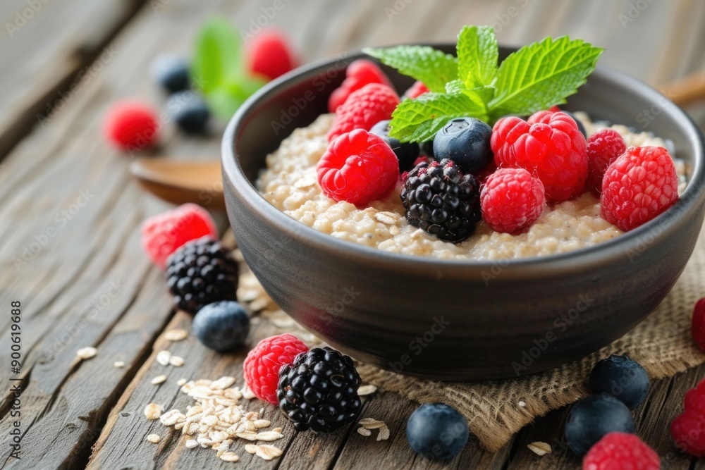 Nutritious bowl of oatmeal with raspberries, blackberries, and blueberries on a wooden table Nutritious bowl of oatmeal with raspberries, blackberries, and blueberries on a wooden table