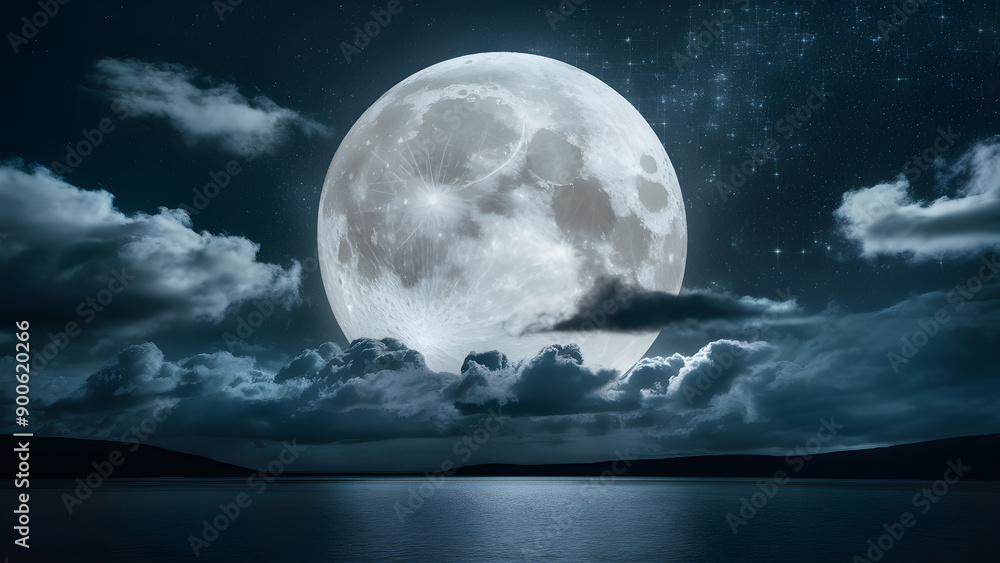 Fototapeta premium Night sky with blue moon in the clouds over the calm blue sea. Silhouette of the grass against full moon. the shadow of the full moon on surface of water.