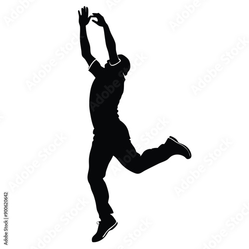 a cricket fielder jumping for catching ball, vector silhouette isolated white background
