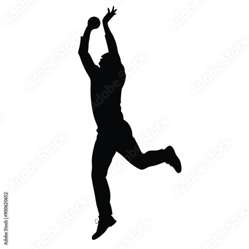 a cricket fielder jumping for catching ball, vector silhouette isolated white background