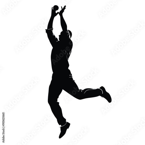 a cricket fielder jumping for catching ball, vector silhouette isolated white background