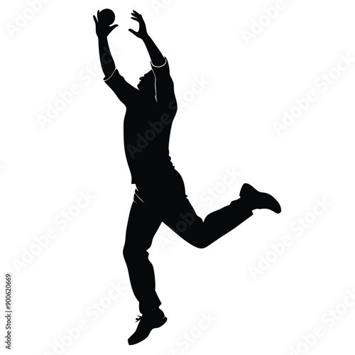 a cricket fielder jumping for catching ball, vector silhouette isolated white background