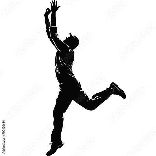 a cricket fielder jumping for catching ball, vector silhouette isolated white background