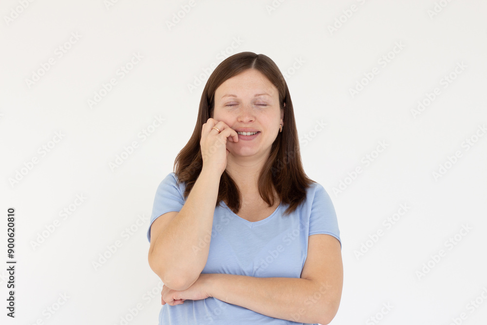 Beautiful caucasian woman dreamy smiling with eyes closed, standing relaxed and happy against white background. Copy space Beautiful caucasian woman dreamy smiling with eyes closed, standing relaxed and happy against white background. Copy space