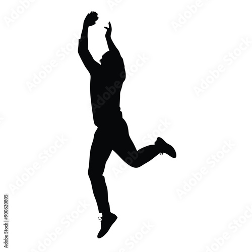 a cricket fielder jumping for catching ball, vector silhouette isolated white background
