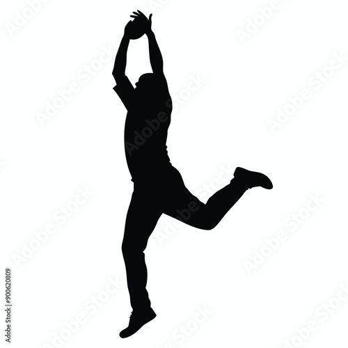 a cricket fielder jumping for catching ball, vector silhouette isolated white background