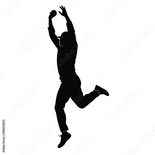 a cricket fielder jumping for catching ball, vector silhouette isolated white background