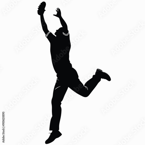 a cricket fielder jumping for catching ball, vector silhouette isolated white background