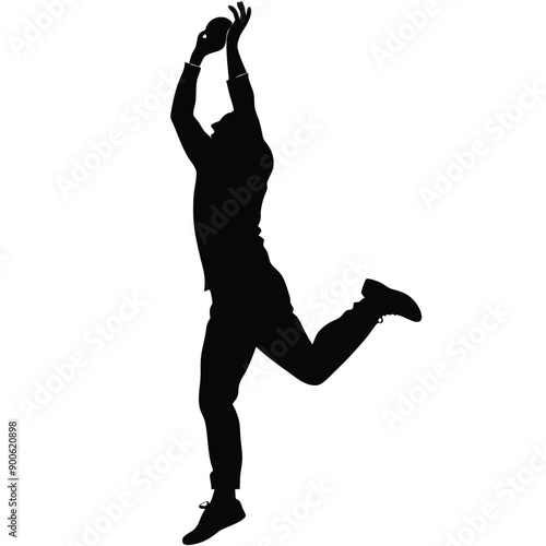 a cricket fielder jumping for catching ball, vector silhouette isolated white background
