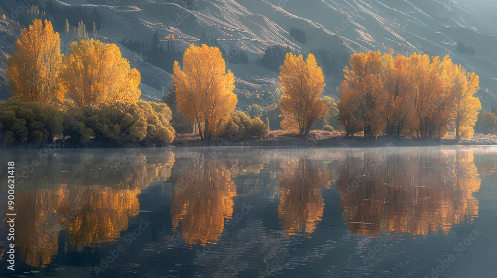 Obraz premium Early morning light illuminates the Wanaka trees, creating a stunning reflection on the still waters of Lake Wanaka