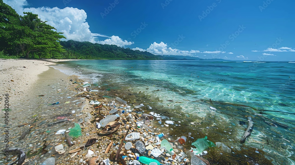A beautiful tropical beach is marred by litter and plastic waste, highlighting the environmental impact of pollution on coastal ecosystems. A beautiful tropical beach is marred by litter and plastic waste, highlighting the environmental impact of pollution on coastal ecosystems.