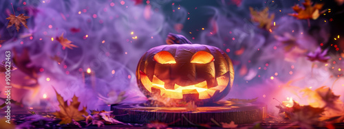 Spooky Halloween Pumpkin Surrounded by Colorful Leaves and Mystical Smoke at Night