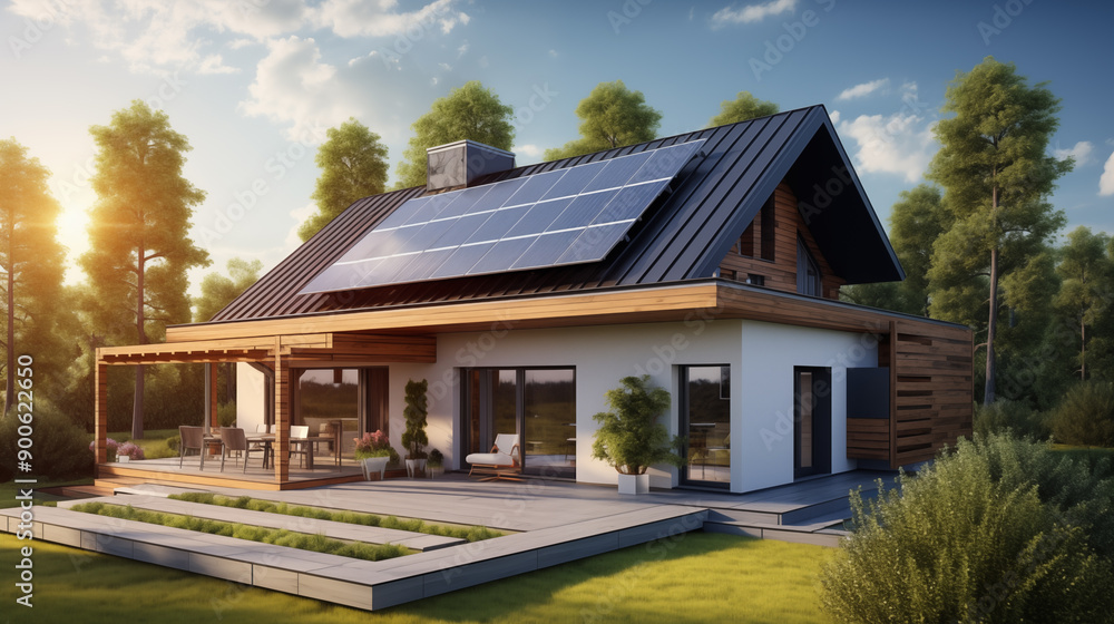 Modern Eco Friendly House with Solar Panels and Wooden Deck in a Green Forest Setting Modern Eco Friendly House with Solar Panels and Wooden Deck in a Green Forest Setting