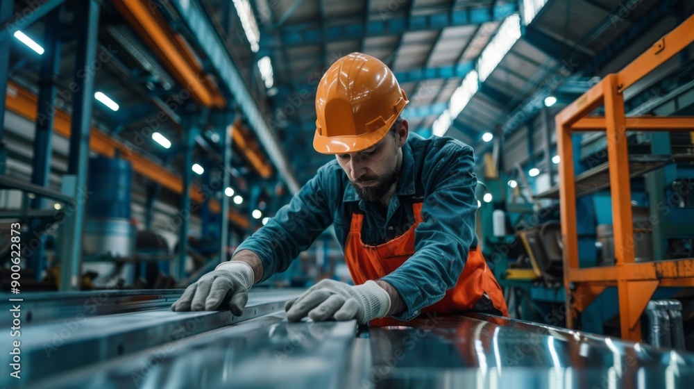 A man in an orange vest and a hard hat is working on a metal surface A man in an orange vest and a hard hat is working on a metal surface