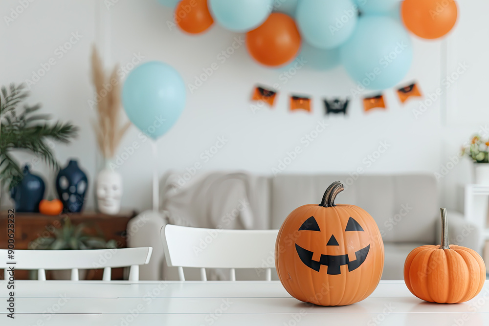 Obraz premium A Halloween party scene with pumpkins, balloons, and festive decorations