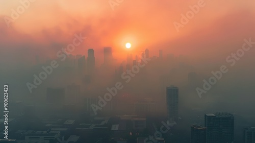 A vibrant sunset illuminates a hazy city skyline, with sunlight struggling to break through thick smoke enveloping the buildings © Darya