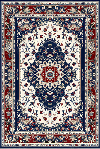 pattern of persian carpet, traditional floral shapes in white blue red and beige colors, silk knoting, fine wool, muslim motifs, arabesque design, photorealistic // ai-generated