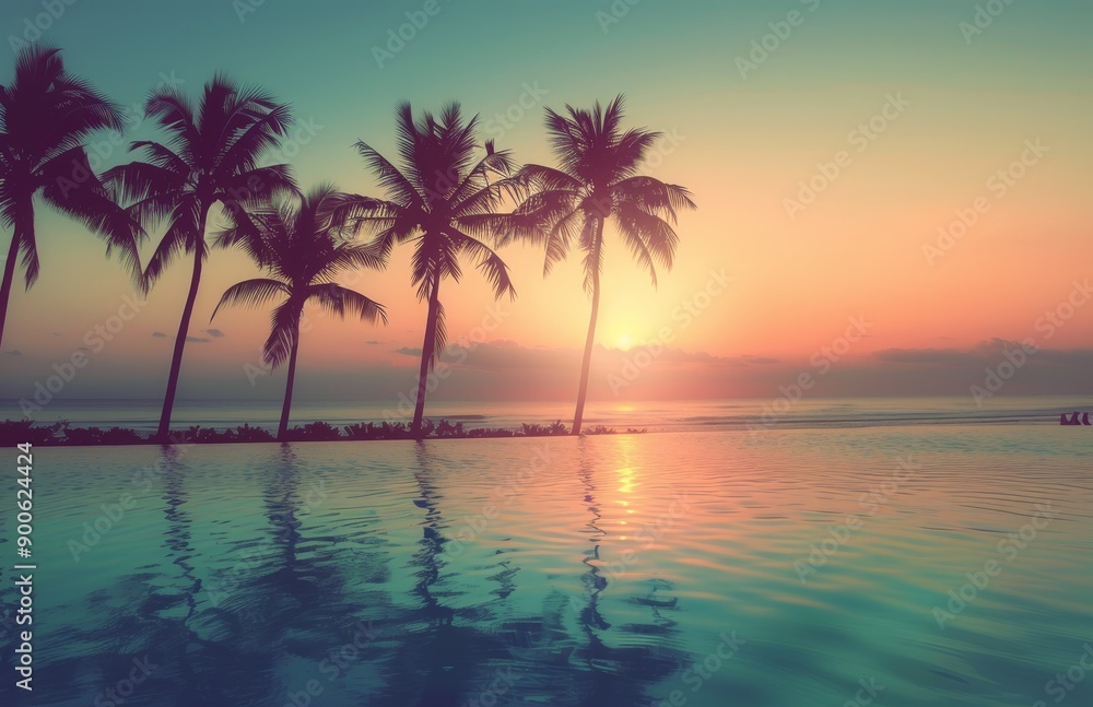 Obraz premium Palm Trees at Sunset by Pool