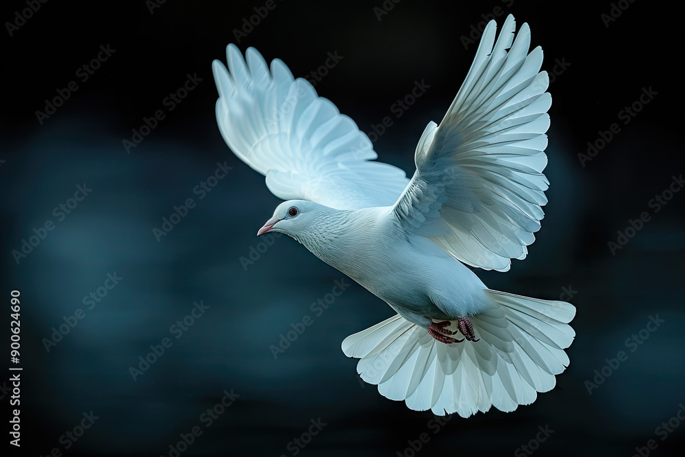 Fototapeta premium white dove flying, black solid clean background