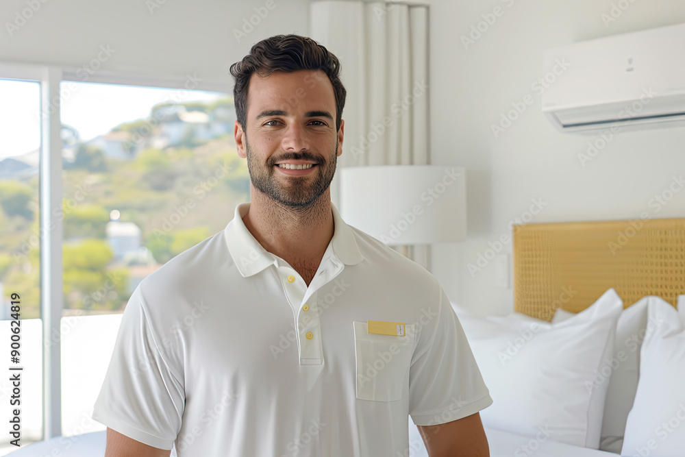 Technician switching on air conditioner in a modern guest room Technician switching on air conditioner in a modern guest room