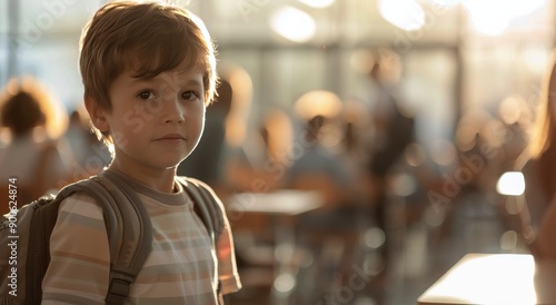 Boy With Backpack In School Cafeteria