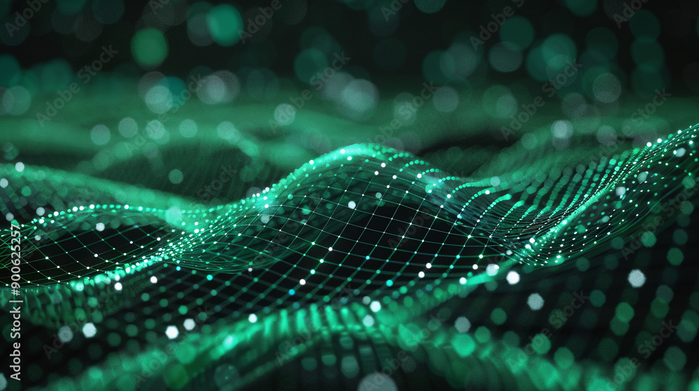 Abstract Green Wave Lines and Glowing Dots on Dark Background Abstract Green Wave Lines and Glowing Dots on Dark Background