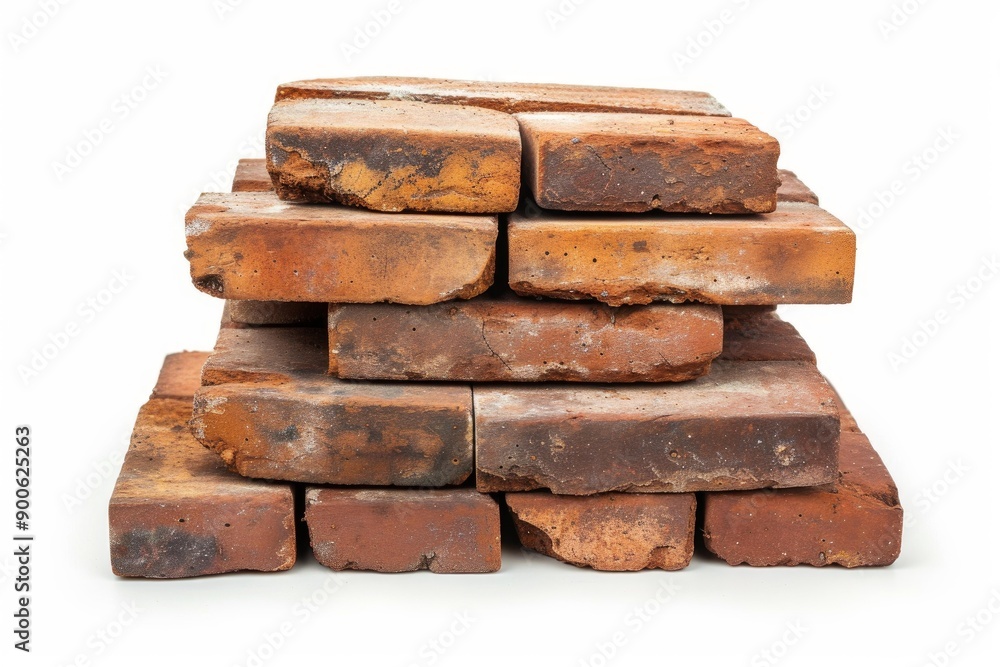 Neatly arranged pile of weathered bricks isolated on a white background