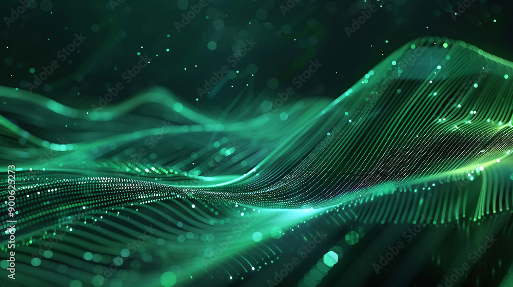 Abstract Green Wave Lines and Glowing Dots on Dark Background Abstract Green Wave Lines and Glowing Dots on Dark Background