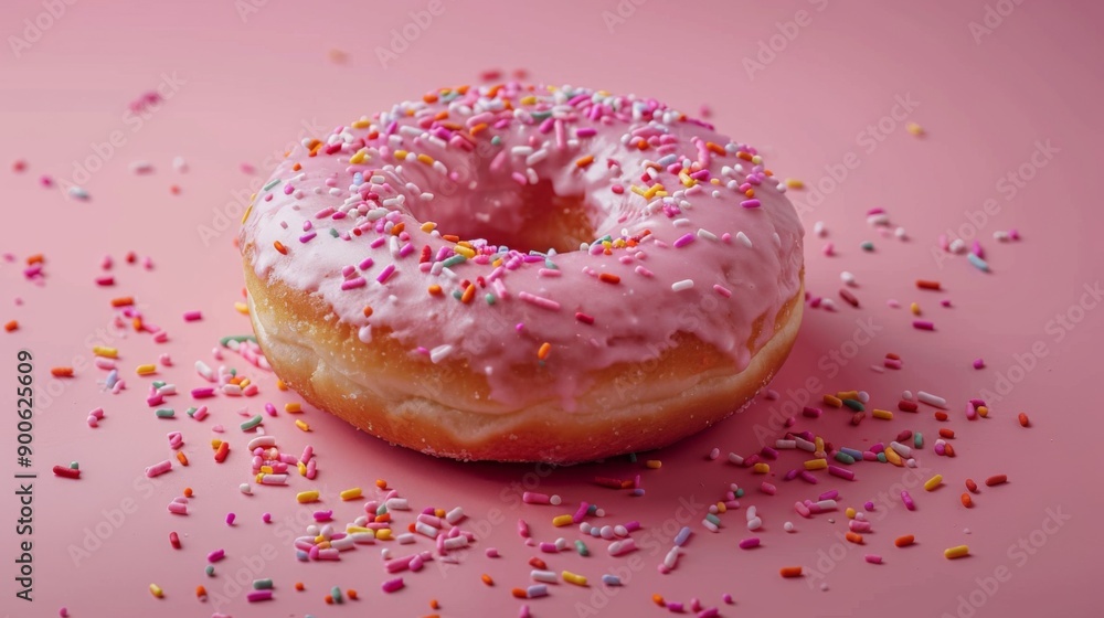 Eye-Catching Treat: Pink Donut with Sprinkles on Pink Background Eye-Catching Treat: Pink Donut with Sprinkles on Pink Background