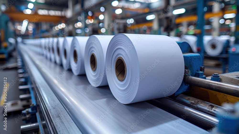 Large Rolls of Paper Moving on a Conveyor Belt in a Factory Large Rolls of Paper Moving on a Conveyor Belt in a Factory