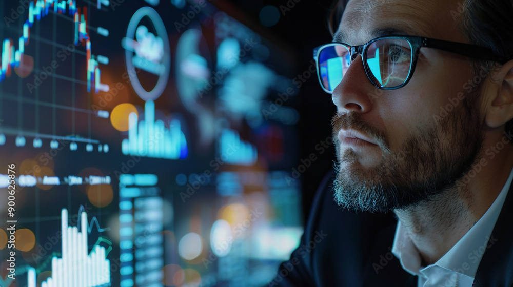 Businessman analyzing business metrics with a focus on investment trends profitability Businessman analyzing business metrics with a focus on investment trends profitability