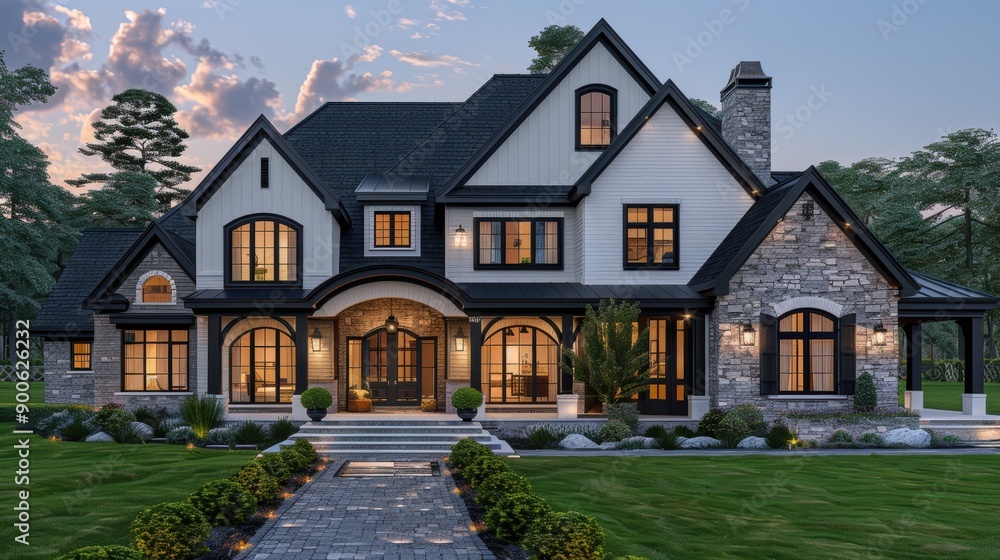 Modern Farmhouse with Stone Accents and Black Windows Modern Farmhouse with Stone Accents and Black Windows