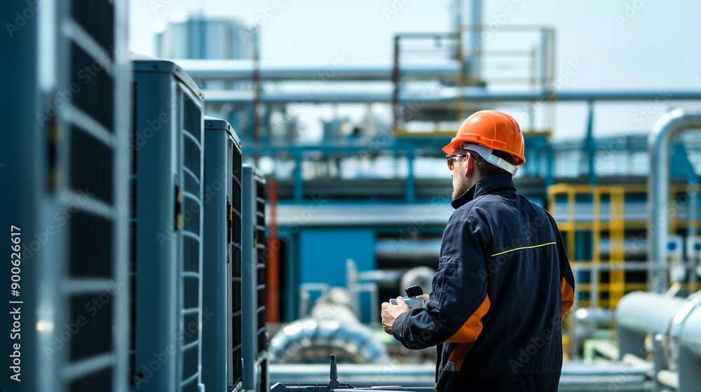 Industrial Inspection: HVAC Technician at Work,inspecting the refrigerant levels in an air conditioning unit. Generative ai illustration. Industrial Inspection: HVAC Technician at Work,inspecting the refrigerant levels in an air conditioning unit. Generative ai illustration.