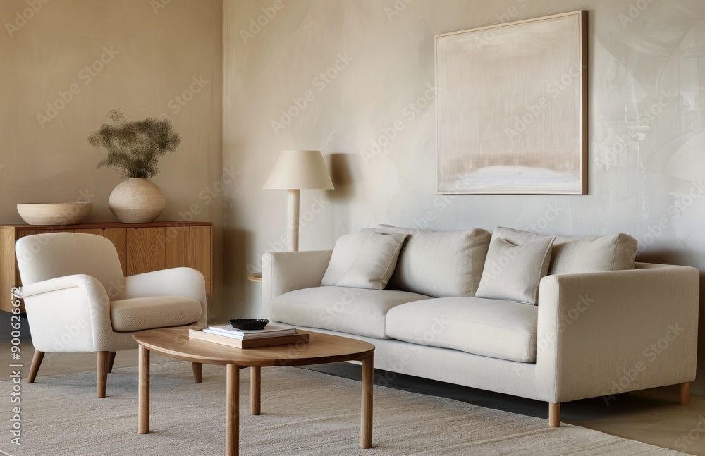 Fototapeta premium Modern Living Room With Plush Armchair and Wooden Cabinet