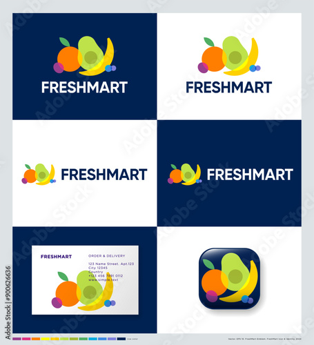 FreshMart logo. Letters, different fruits and berries in a round badge. Corporate Style, identity.  photo