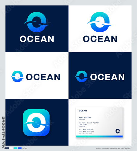 Ocean Icon. Letter O with waves. Corporate Style, identity. Using colors and app icon. 