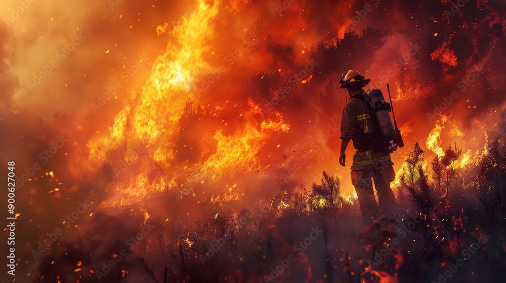 A firefighter courageously battles a fierce forest fire, working tirelessly to protect the landscape and wildlife from the advancing flames A firefighter courageously battles a fierce forest fire, working tirelessly to protect the landscape and wildlife from the advancing flames