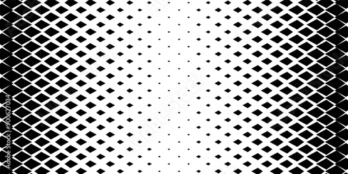 Geometric pattern of black diamonds on a white background. Seamless in one direction. Option with a short fade out.