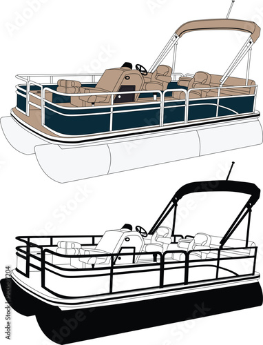 Pontoon boat vector, boat vector, motorboat vector, line art illustration and one color.