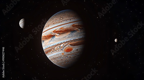 Jupiter with the moons, against a black background. The planet is large and has orange toned color stripes on its surface photo