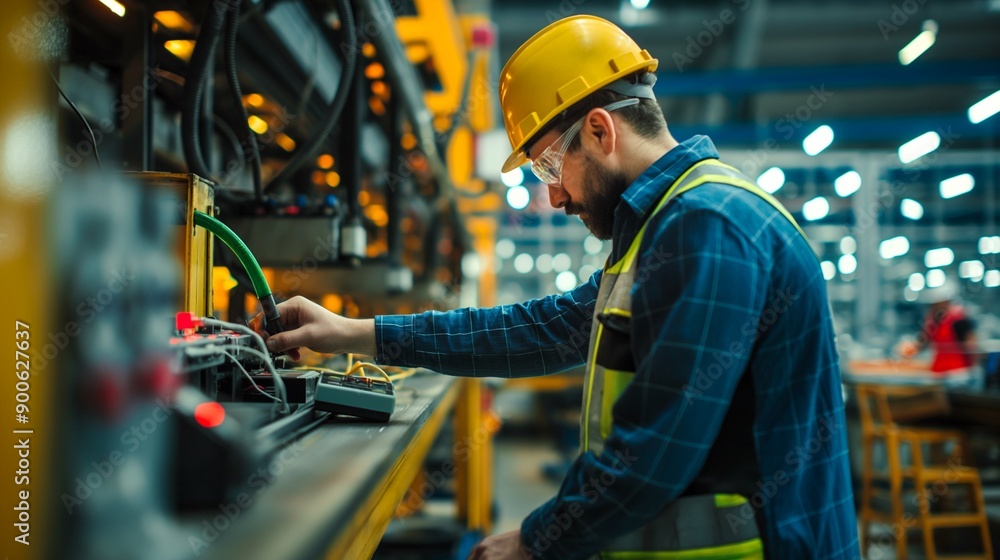 Industrial Expertise: Fine-Tuning Machinery in Modern Factory. Technician using a multimeter to check electrical components of the conveyor belt system. Generative ai illustration. Industrial Expertise: Fine-Tuning Machinery in Modern Factory. Technician using a multimeter to check electrical components of the conveyor belt system. Generative ai illustration.