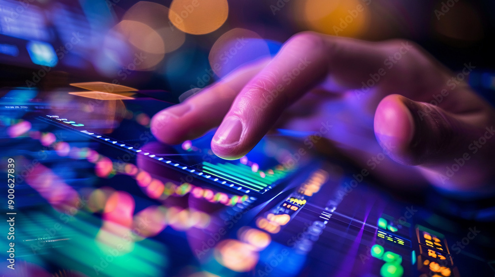 Closeup hand using computer evaluating stock performance investment Closeup hand using computer evaluating stock performance investment