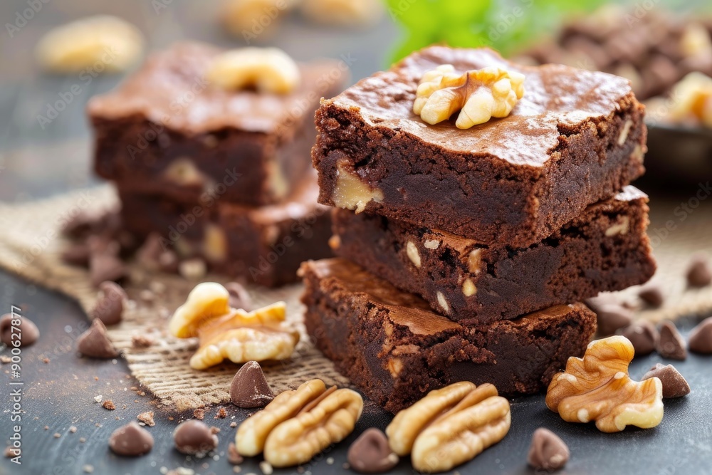 Delicious homemade walnut chocolate brownies with rich cocoa, gourmet chocolate chips, and indulgent walnut topping Delicious homemade walnut chocolate brownies with rich cocoa, gourmet chocolate chips, and indulgent walnut topping